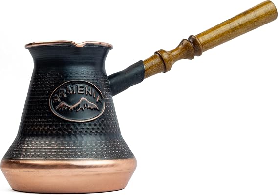 Handmade Armenian Coffee Pot Maker (7.6 Fl Oz) Copper Jazva Ararat Turkish Arabic Greek Cezve Jezve Ibrik Turka Jazzve Jazve Wooden Handle (7.6 Fl Oz (225ml))