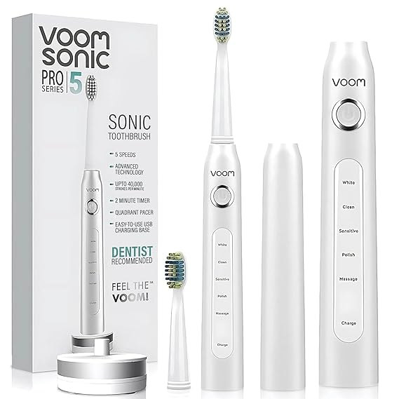 Voom Sonic Electric Toothbrush Bathroom Essentials & Travel Essentials Ultrasonic Electric Toothbrush for Adults USB Rechargeable 40,000 Strokes/Minute 5 Speeds Pro 5 Series (White)
