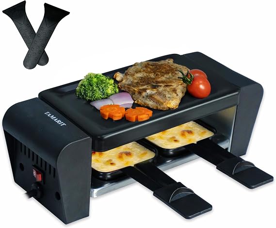 TAMARIT Raclette Grill for 2 Person, Compact Indoor Electric Korean BBQ 450W Portable Tabletop Grill with Non-Stick Iron Plate and 2 Cheese Pans Ideal