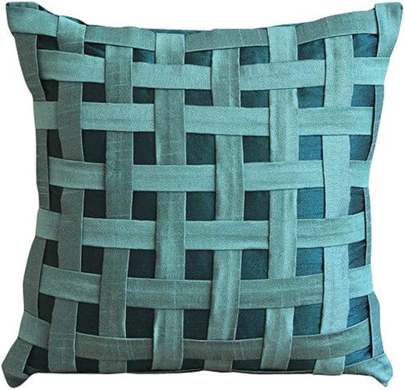 The HomeCentric Euro Sham Cover, Teal Blue European Pillow Cover 26x26 inch (65x65 cm) Silk Euro Sham Cover, Geometric, Checkered, Basket Weave, Texture, Euro - Peacock Green N Teal Basket Weave