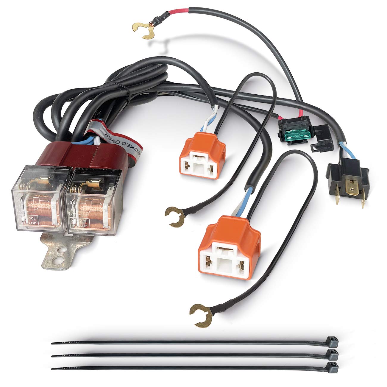 Ceramic H4 Headlight Relay Wiring Harness Kit - For 5-3/4" Round Headlights (H5001, 9003)