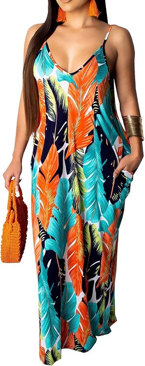 Summer Maxi Dress for Women 2026 Plus Size Sundresses Casual Sexy Floral Sleeveless Beach Long Dress with Pockets