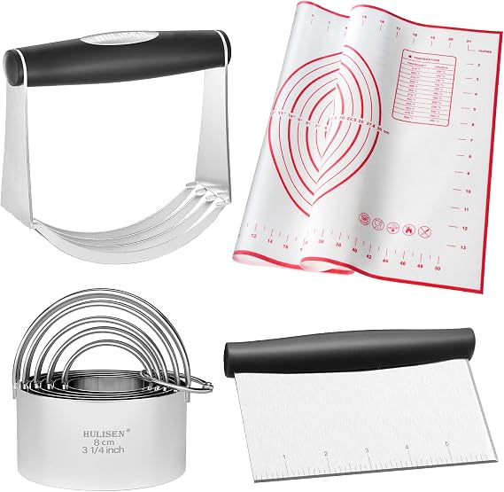 HULISEN 5-Pc Biscuit Cutters, Pastry Scraper, Dough Blender, Silicone Mat
