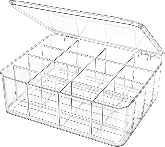 Adjustable Sock Underwear Drawer Organizer Dividers, 16 Grid Clear Tea Bag Holder with Lid, Removable Divided Tie Organizer Box, Plastic Storage Bin for Scarves Bras