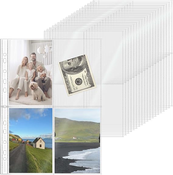 20 Sheets A4 Binder Sleeves Plastic PP Photocard Sleeves 11 Holes 4 Pockets Card Holder Clear Top Loading Page Protectors for 3 Rings Binder Trading Baseball Cards (4 Pockets)