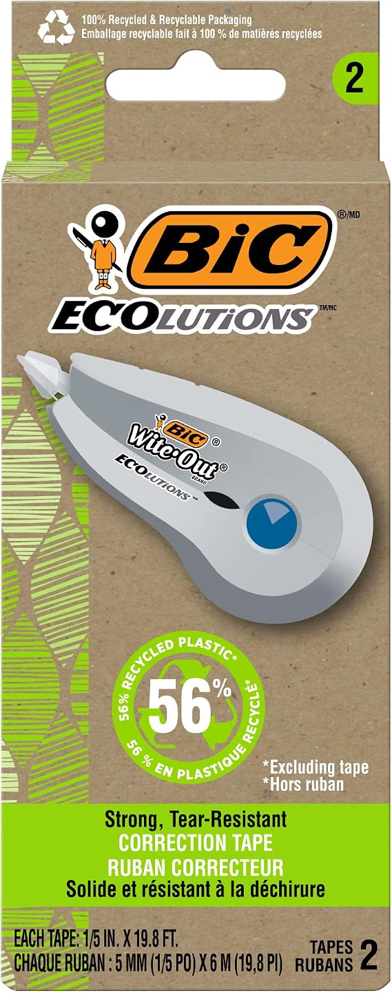 BIC Ecolutions Wite-Out Brand, 19.6 Feet, 2-Count Pack, Correction Tape Made from 56% Recycled Plastic Excluding Tape