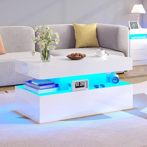 LUXOAK Coffee Table with LED Light, Modern High Gloss Finish Center Table with 2-Tier Storage Space, Minimalist Coffee Table for Living Room, Office, White