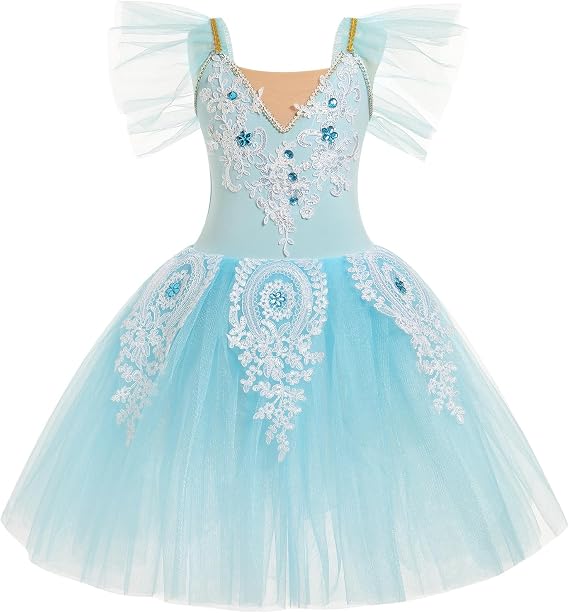 AFAVOM Halloween Ballerina Swan Lake Costume for Girls Sequin Embroidery Camisole Ballet Dance Leotard Dress for Performance