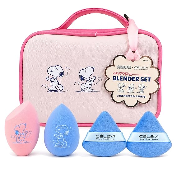 CELAVI x Peanuts Snoopy Makeup Blender Set with Travel Bag - 4 Pc Beauty Sponge & Powder Puff Kit for Foundation & Concealer - Cute Pink Portable Cosmetic Case with Handle