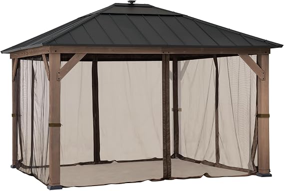 Sunjoy Mosquito Netting for 11 ft. 13 ft. Wood-Framed Gazebos, Outdoor 4-Panel Sidewall Mesh Netting Screen with Zipper, Brown