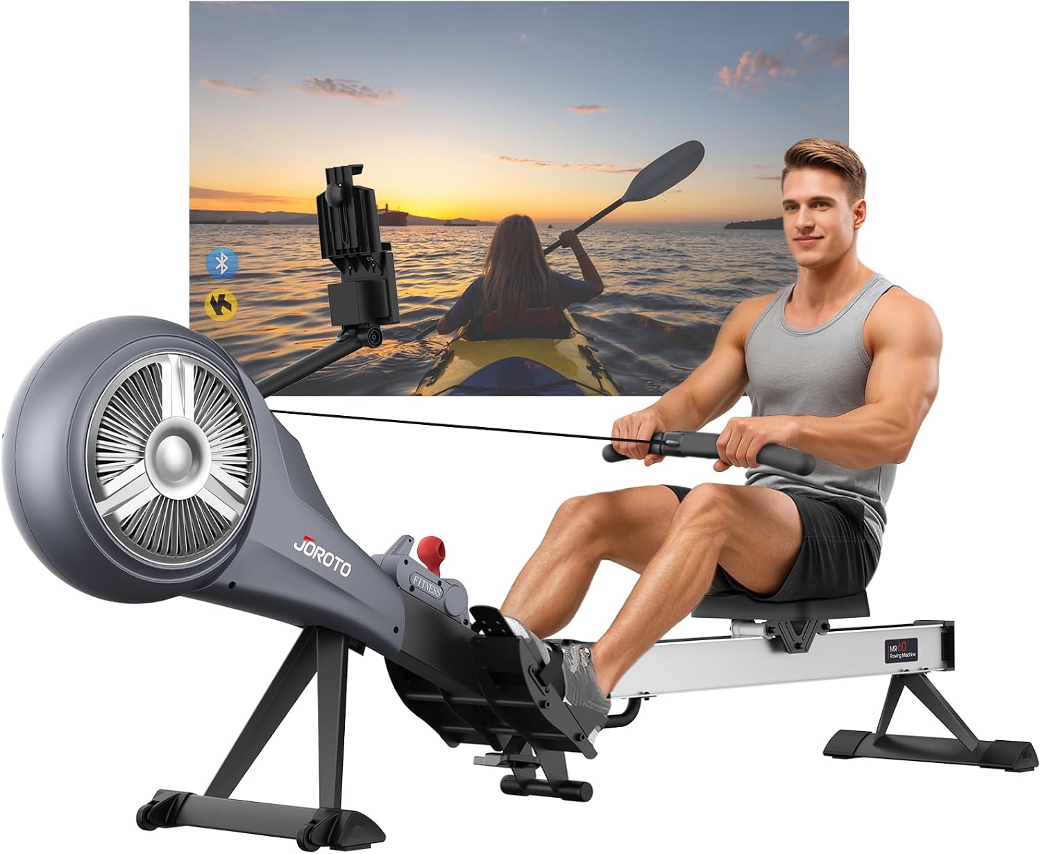 JOROTO Rowing Machine for Home Foldable, Air Magnetic Rowing Machines with 10-Level Adjustable Resistance, Quiet Ergonomic Seat，Bluetooth App, Max 350LBS, Space-Saving Home Gym, Gray
