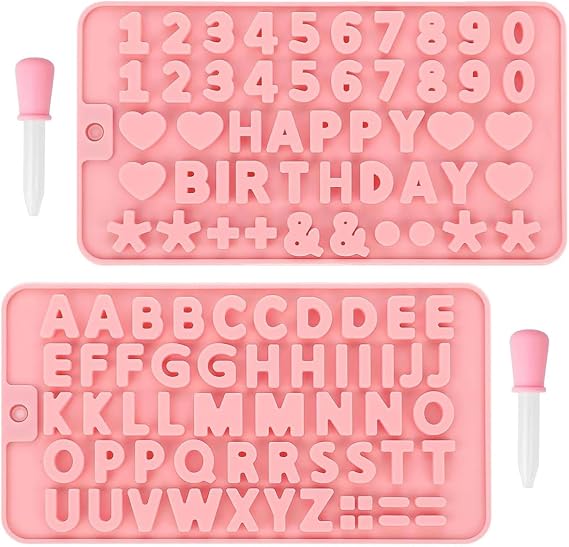 2 pcs Number Chocolate Molds and Letter Silicone Molds, with 2 Droppers, Happy Birthday Cake Decorations Baking Mould,for Chocolate, Candy, ice cubes,cake cookies