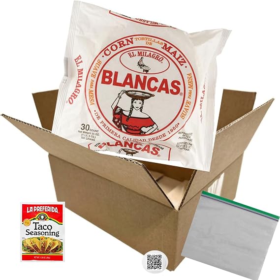 30 El Milagro White Corn Tortillas Blanco 1 pack - Ventasbox - 1.5oz Taco Sauce Mix - 1 Zipper bag - QR re-order magnet