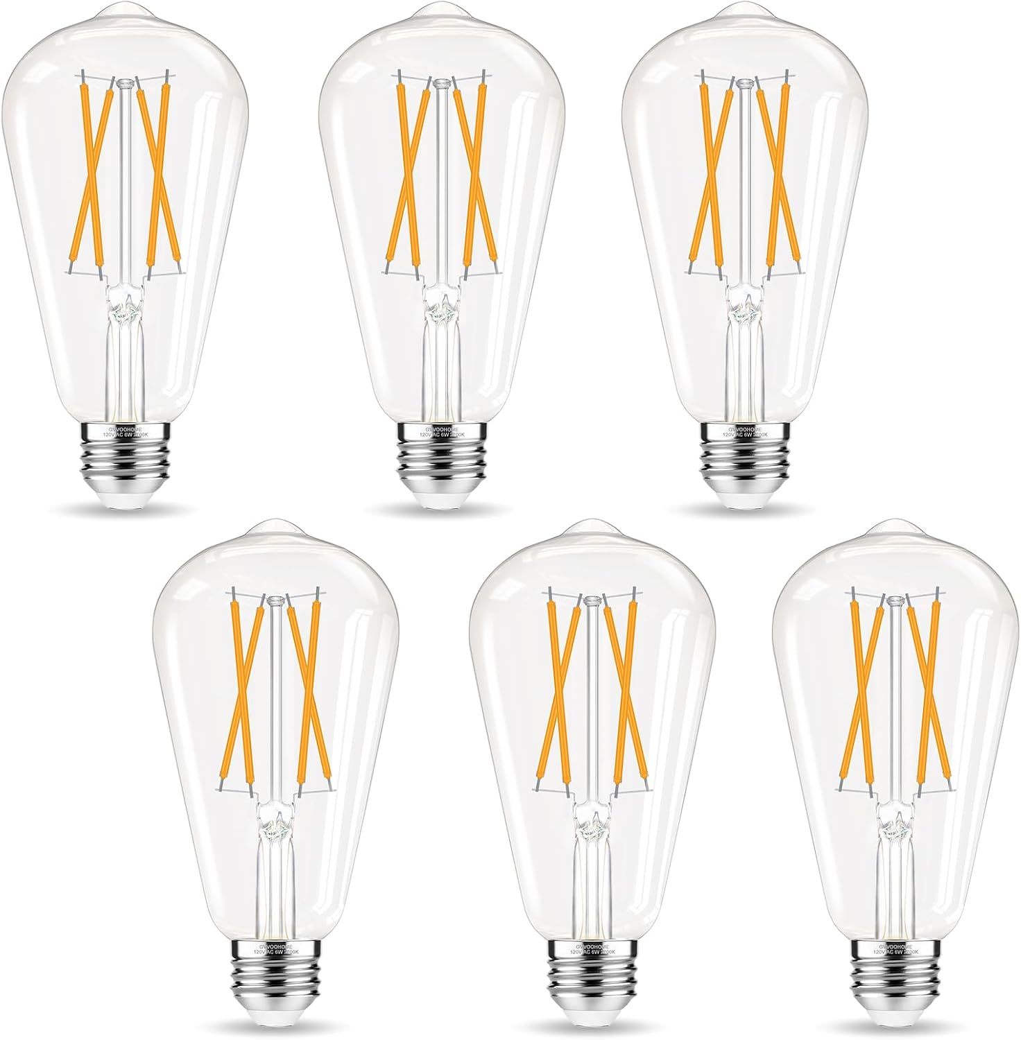 Edison Bulbs, E26 LED Bulb 60 watt Equivalent, Non-Dimmable, 2700K Warm White, ST58 Vintage Light Bulbs, 90 CRI, E26 Medium Base, Clear Glass, 6 Pack