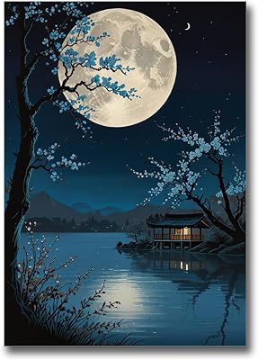 Retro Japanese Blue Cherry Blossom Picture Ohara Koson Cherry Trees In The Moonlight Wall Art Print Minimalist Women Flower Art Print Aesthetic Decor, Poster Wall Art, Decor