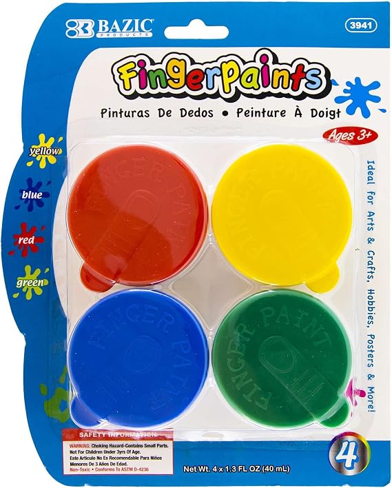 BAZIC Finger Paint Set Assorted Color 160ml, Non Toxic Painting Fun Art Supplies, DIY Craft Activity for Kids at School Home Age 3+ (4/Pack), 1-Pack | set of 4 non-toxic finger paint colors in red, yellow, blue, green, 1.35 fl oz each, hands-on art play
