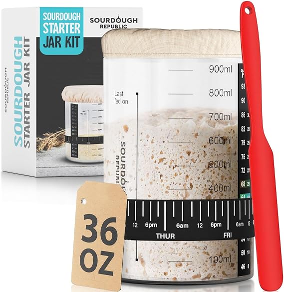 Hemlock Home Brewing 36 oz Sourdough Starter Jar, Sourdough Bread Baking Supply Kit with Time-Marked Level Band, Spatula, and Temperature Strip