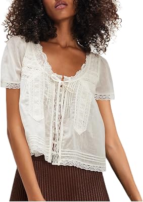 Womens Tie Front Ruffle Boho Tops Flowy Sheer Short Sleeve Lace Blouse Y2k Embroidered Babydoll Button Down Shirts