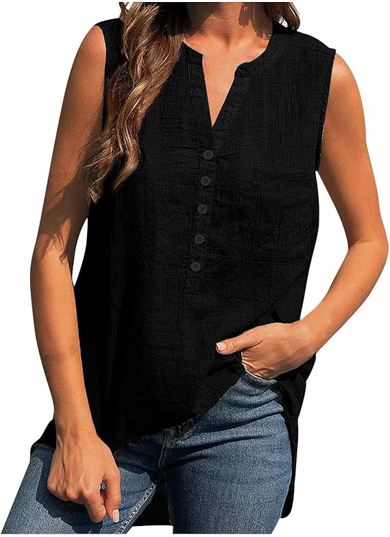 LFEOOST Sleeveless Tunic Tops for Women Hide Belly Casual V Neck Half Button Tank Tops Summer Solid Loose Pocket Blouses