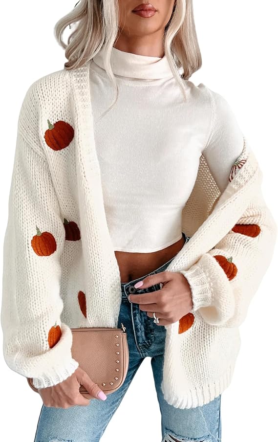 Women Pumpkin Embroidery Sweater Cardigan Open Front Loose Casual Pattern Knit Long Cardigans Coats Holiday Sweater
