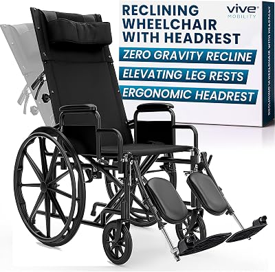 Vive Mobility Reclining Wheelchair with Elevating Leg Rests - Heavy Duty Recliner Wheel Chair for Seniors & Adults -Wide 18 Seat, up to 300lbs -High Back, wLeg & Head Support -Comfortable Headrest