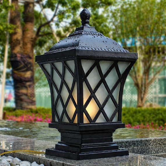 Large Post Lights Outdoor, 18.9 H Aluminum Column Lights Waterproof, Hard Wired Pillar Lights with Curved Glass, Black Post Lantern for Yard Driveway Driveway Entrance Pillars, E26 Base Max 60W