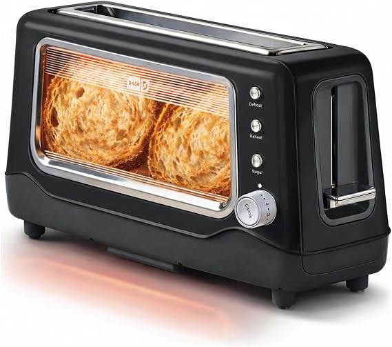 Dash Clear View Toaster | 10" Long Slot 2 Slice Toaster with See-Through Glass Window, 7 Browning Levels, Bagel, Defrost & Reheat Functions,
