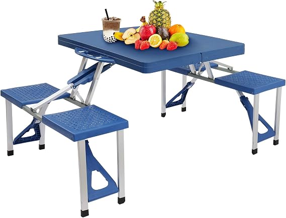 Camping Picnic Table Set with 4 Seats, Picnic Portable Folding Table with Umbrella Hole Folding Lightweight Suitcase Card Table-220 Lbs Support Aluminum Frame for Barbecue,Travel,Outing,Gathering,Blue
