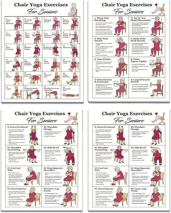 4PCS Chair Yoga Exercise Chart, Chair Yoga Posters, Seated Workout Charts