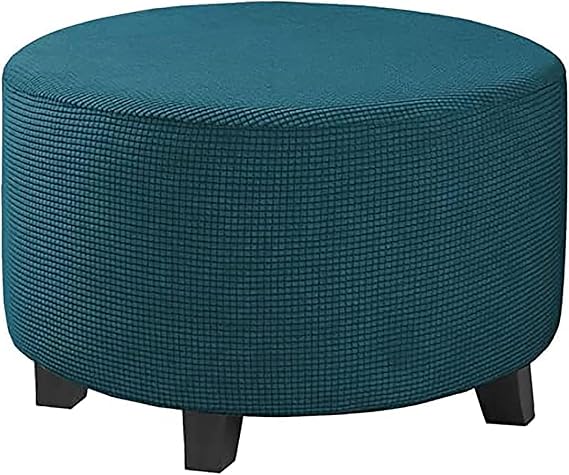 OWOW Stretch Footstool Cover Round Thick Soft Jacquard Fabric Ottoman Cover with Elastic Bottom, Spandex Footstool Protector Folding Non Slip Footrest Covers for Kids Pets (Dark Cyan,Medium)
