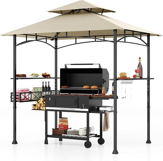 HAPPYGRILL 8 x 5 FT BBQ Grill Gazebo with 2 Side Shelves & Storage Basket | Storage Basket, Hanging Hooks, Bottle Opener, Outdoor Barbecue Canopy, Grilling Shelter for Patio Garden Yard, Beige
