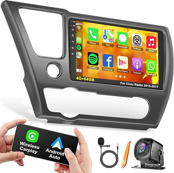 4G+64G Car Radio for Honda Civic 2013-2017(Only US Version) with Wireless Carpaly & Android Auto,9 Inch IPS Touch Screen Car Stereo with GPS Navigation/Bluetooth 5.2/FM/Backup Camera/WiFi/SWC/HiFi