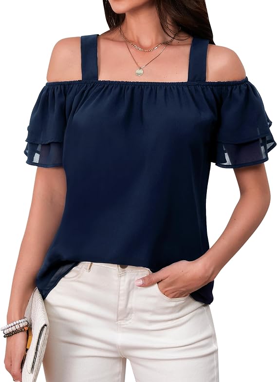 Women's Casual Tops Short Sleeve Cold Shoulder Shirts Loose Square Neck T Shirts Blouse