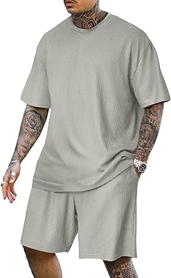 Lexiart Mens Casual 2 Piece Outfits-Short Sleeve Athletic Set Oversize T-Shirts Drawstring Tracksuit Set