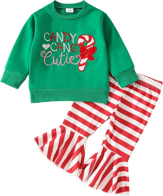 Toddler Baby Girl Christmas Outfit Candy Crewneck Sweatshirt with Stripe Flare Pants Set Winter Clothes