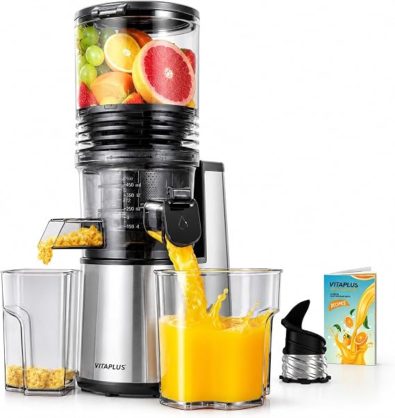 VITAPLUS Cold Press Juicer with Stainless Steel Auger, Lab-Certified Food-Safe, AC Motor, 5.8" Whole-Fruit Chute, High Juice Yield Slow Masticating Juicer for Juice & Nut Milk, BPA-Free, Easy Clean