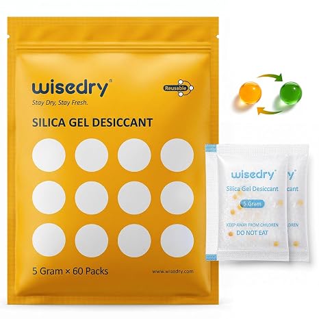 wisedry 5 Gram 60 Packs Food Grade Silica Gel Packets, Rechargeable Food Safe Desiccant Packs with Color Indicating Beads, Reusable Moisture Absorbers for Food Storage, Electronics, 3D Filament & Safe
