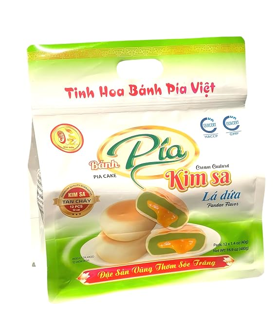 1 Pack - Mini Pandan Pia Cake - Banh Pia Kim Sa La Dua - 12 Cakes per Bag - Product of Vietnam