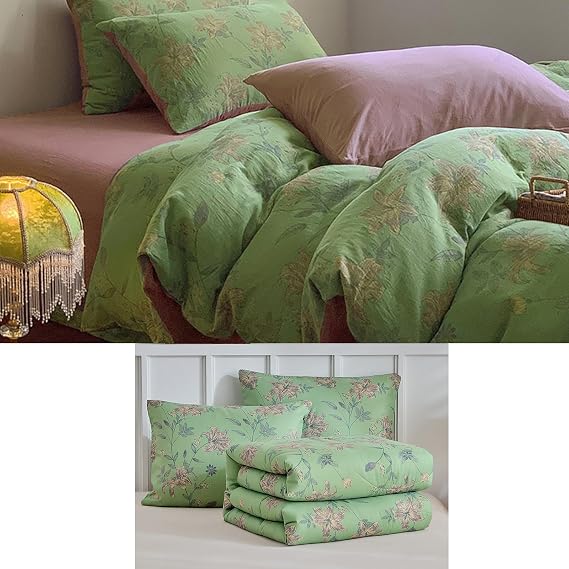 VM VOUGEMARKET Flower Duvet Covet Set + Green Comforter Set