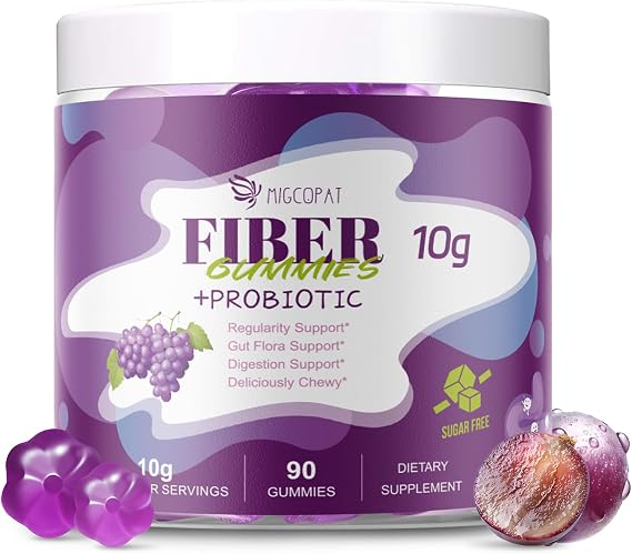 Migcopat 10G Fiber Gummies for Adults, No Sugar Added Grape Flavor, Fiber Supplement with 30 Billion CFU Probiotics Blend, ACV, Vitamin C, Inulin, Support Digestive Health, 90 Count