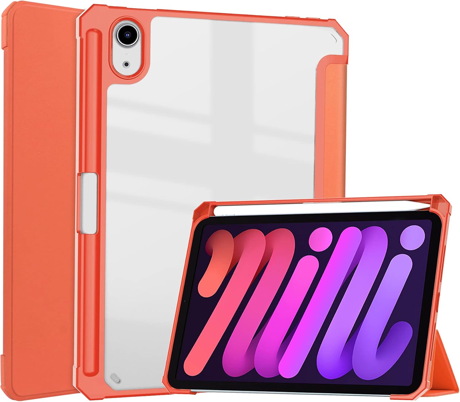 IPad Mini 6 Case, iPad Mini 6th Generation Cover, iPad Mini 6 8.3 Inch Case, iPad Mini 6 Cover, 2021 New Model, Protective Case, Pokaas Protective Cover, Tablet Case, Tri-Fold Stand Function, Convenient Pen Holder, Transparent Back Cover, Auto Sleep Function, Apple Pencil Storage, New Model, Flexible TPU Back, Soft Case, Magnetic, Lightweight, Thin, Simple, Scratch Prevention, All-Around Protection IPad Mini 6, Orange