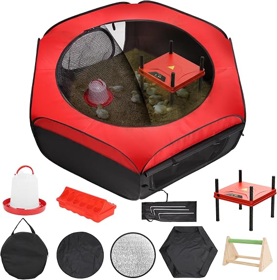 FAMIROSA Brooder Box for Chicks Starter Kit, Pop up and Breathable Chicken Brooders, Collapsible Brooding Box/Playpen with 10 x 10in Brooder Plate, Chicken Waterer, Feeder, Perch for Duck, Quail