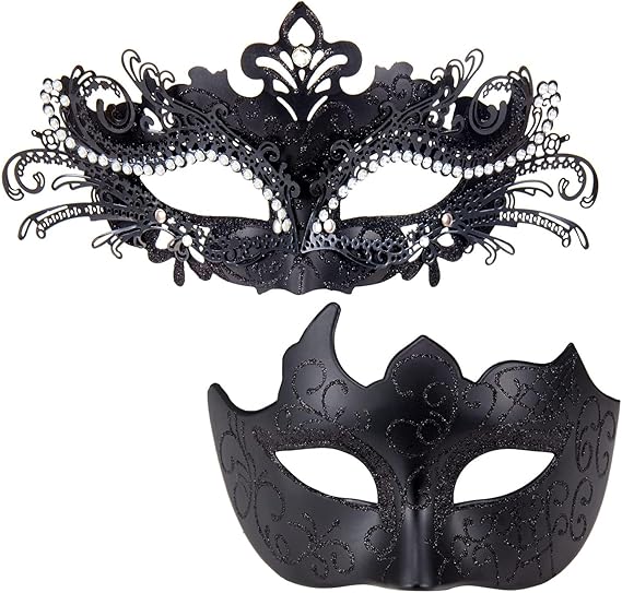 MYSEUNI 2025 Masquerade Masks for Couples, Shiny Rhinestone Metal Filigree Venetian Mask & Mens Venetian Mask for Mardi Gras