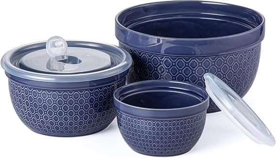 Ceramic Mixing Bowls 3-Piece: Nesting Ceramic Bowls with Lids - Microwave Safe for Kitchen Baking and Serving - Ideal for Home Bakers (Navy)