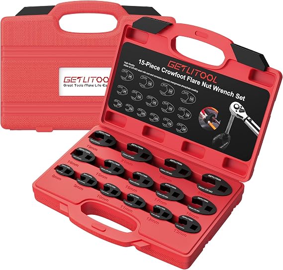 GETLITOOL 15Pcs 1/2" Drive Crowfoot Wrench Set, CRMO Steel Crows Foot Wrench Set for Men's Gift, Oil Pipe Wrenches with Black Phosphate Coating for Automotive and Plumbing, 10mm to 19mm
