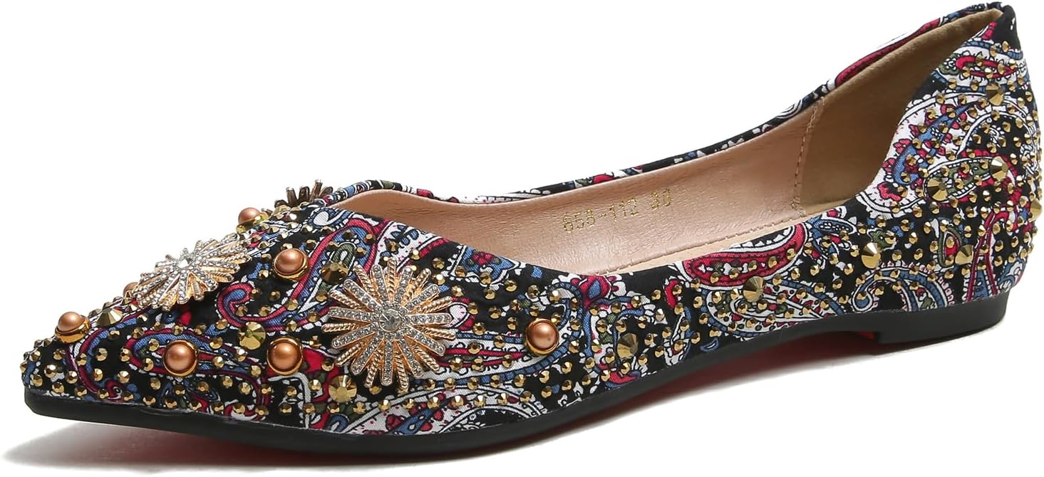 HROYL Women Rhinestones Dress Shoes Flats Elegant Ballet Flats Boho Flats Wedding Dressy Shoes YSX-658-112 Black Print, 8 US