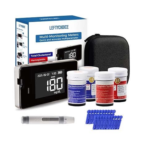 LCLBM-01 2 in 1 Total Cholesterol and Hemoglobin Levels Testing Kit Meter Quick Results Monitor At Home Blood Test for Anemia with 50 Hemoglobin and 20 Total Cholesterol Test Strips Lancets
