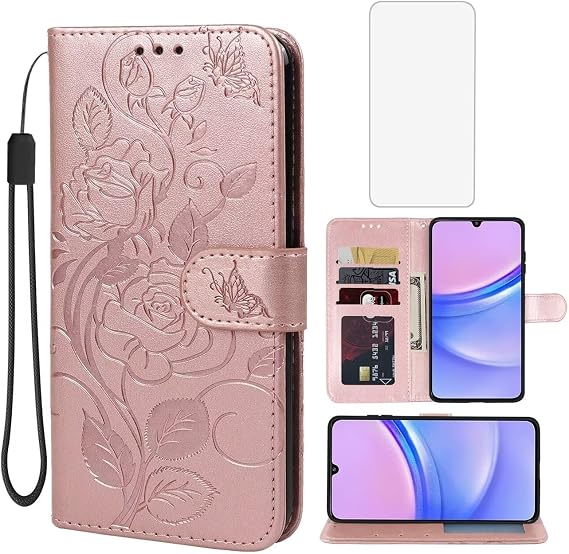 for Galaxy A15 5G Case, Samsung A15 5G SM-A156U Wallet Case with Tempered Glass Screen Protector, Leather Flip Case Credit Card Holder Stand Phone Cover for Samsung Galaxy A15 5G Rose Gold