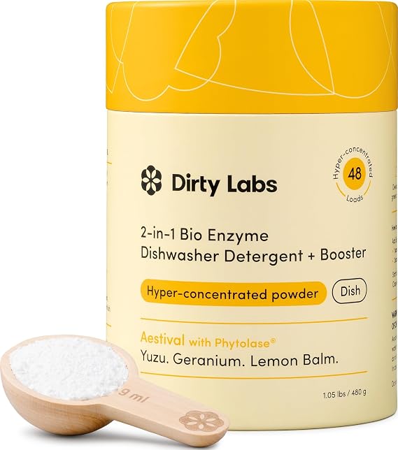 Dirty Labs | Dishwasher Detergent & Booster | Aestival | 48 Loads (1 lb) | Ultra clean, spot free, quick wash optimized, hyper-concentrated bio enzyme formula