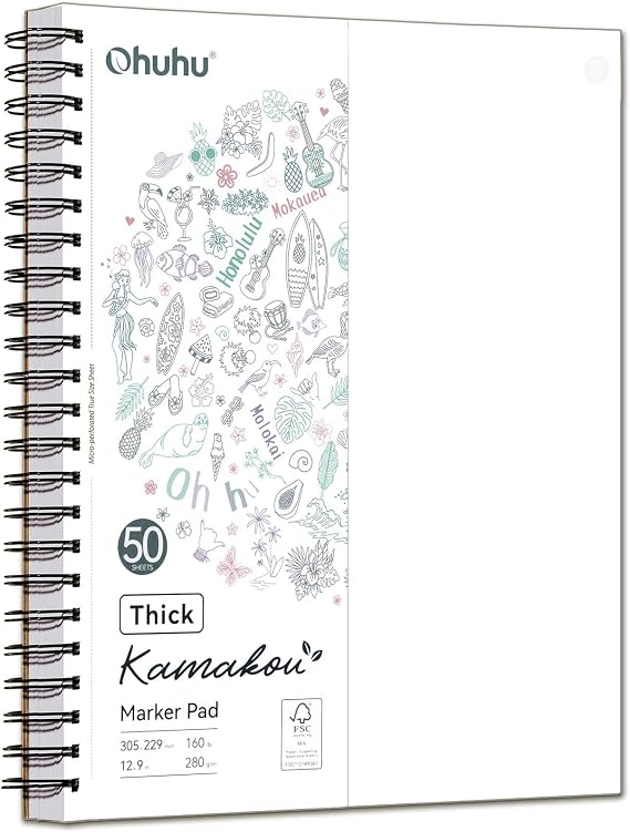 Ohuhu Double-Sided Marker Pad Art Sketchbook Bleedproof - 9"x12" Large Paper Size - 160 lb/280 gsm Heavyweight Smooth Drawing Paper - 50 Sheets/100 Pages - Spiral-Bound Sketch Book for Alcohol Markers